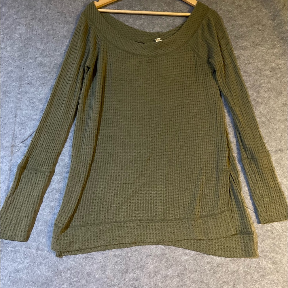 Free People We The Free Olive Waffle Knit Tunic Top‎ L Oversized Slouchy Thermal